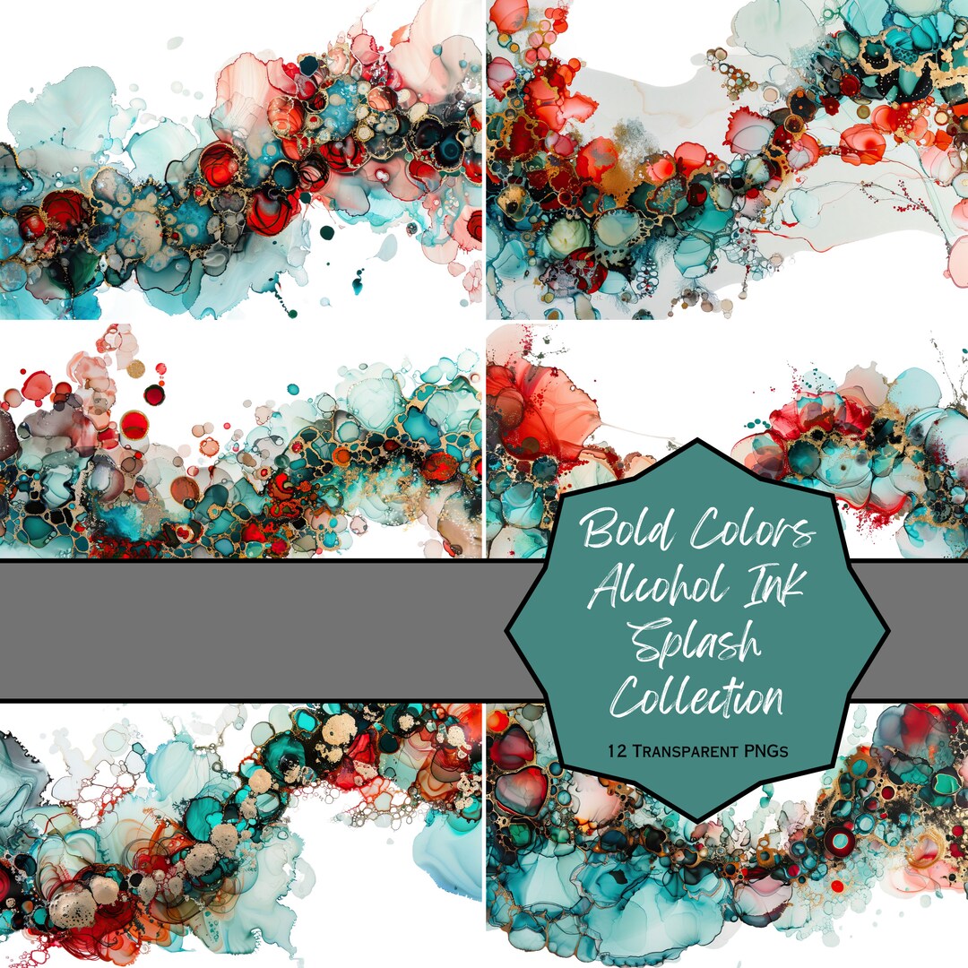 Alcohol Ink Splashes Bold Colored Alcohol Ink Splashes, Turquoise, Red, Gold, PNG, 300 DPI ...