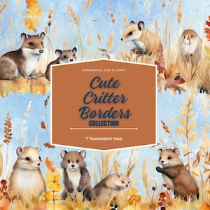 May include: A digital clipart collection of seven watercolor illustrations of cute woodland critters. The critters are brown and white mice, with some standing on their hind legs and some sitting. The illustrations are set against a background of blue sky, brown grass, and yellow leaves. The text "Cute Critter Borders Collection" is displayed in a brown rectangle.