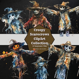 Creepy Scarecrow Clipart.  Scary Scarecrows, Clipart, PNGs, 19 Images, 300 DPI, Transparent Background, Stickers, Journals, Scrapbooks.