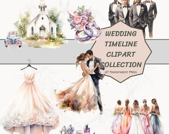 Wedding Timeline Clipart, Wedding Elements, Wedding Clipart, Instant Download, Transparent PNGs, Icons, Marriage Symbols.