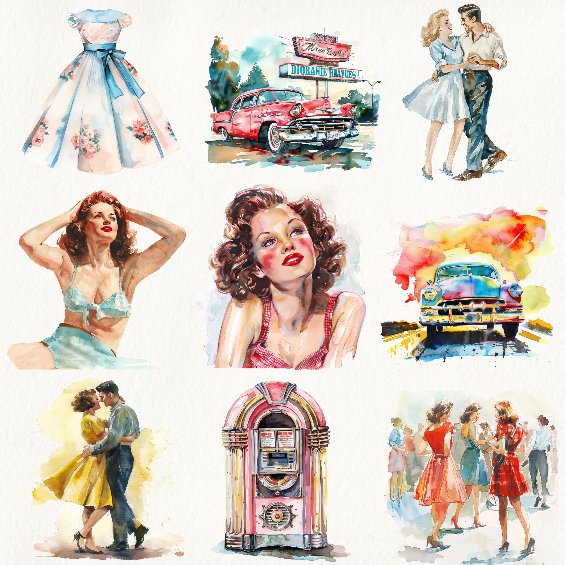 1950's Clipart. 24 Elements, 300 DPI, Pngs, Instant Download and ...
