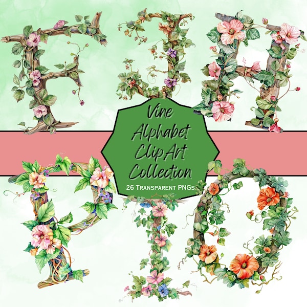 Vine Alphabet Clipart.  26 transparent Images, 300 DPI, PNGs, instant download, flowering vine letters, journals, stickers, scrapbook, cards