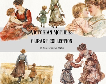 Victoriaanse moeders clipart. Victoriaanse scènes, moeders, kinderen, 18 elementen, PNGs, 300 DPI, transparante achtergronden, direct downloaden.