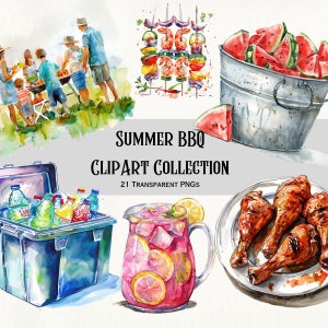May include: Watercolour illustration of a summer BBQ clipart collection. The collection includes a cooler with drinks, a pitcher of lemonade, grilled chicken legs, a bucket of watermelon, and skewers with prawns and vegetables. The text "SUMMER BBQ CLIPART COLLECTION 21 TRANSPARENT PNGS" is included in the image.