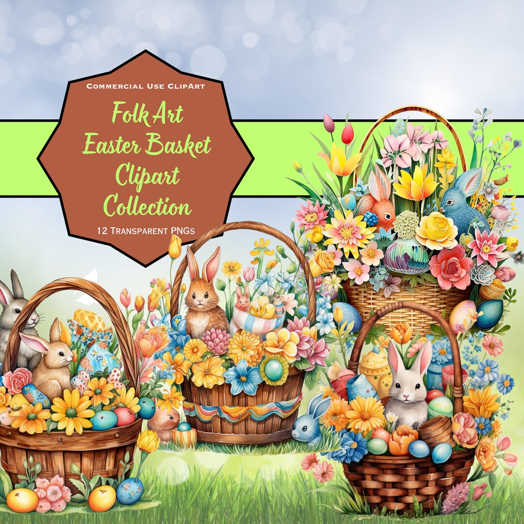 Easter Basket Clipart. Folk Art, Stickers, Greeting Cards, Invitations ...
