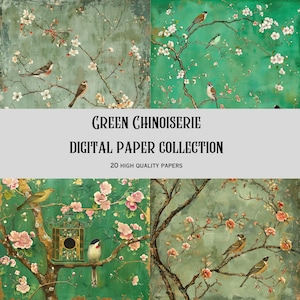 Chinoiserie Papers, green digital chinoiserie papers, 12x12, 300 DPI, JPGs, printable, beautiful scenes, 20 Elements, journal, papers.