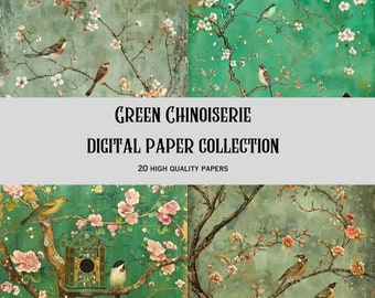 Chinoiserie Papers, green digital chinoiserie papers, 12x12, 300 DPI, JPGs, printable, beautiful scenes, 20 Elements, journal, papers.