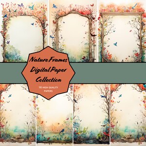 May include: A digital paper collection featuring 16 high-quality nature frames with watercolor illustrations of trees, leaves, birds, and butterflies. The frames are perfect for adding a touch of nature to your digital designs.