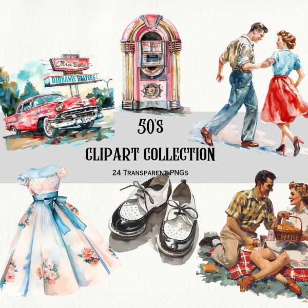 1950's Clipart. 24 Elements, 300 DPI, PNGs, Instant Download and Transparent Background.  50's themes, scrapbooks, journals, stickers, cards