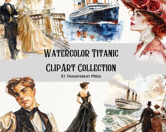 Titanic Clipart.  1912 Themed PNGs, 51 Elements, Transparent Backgrounds, 300 DPI, Instant Download.  Cards, Journals, Blogs, Stickers.