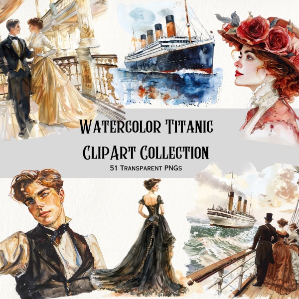 Titanic Clipart.  1912 Themed PNGs, 51 Elements, Transparent Backgrounds, 300 DPI, Instant Download.  Cards, Journals, Blogs, Stickers.