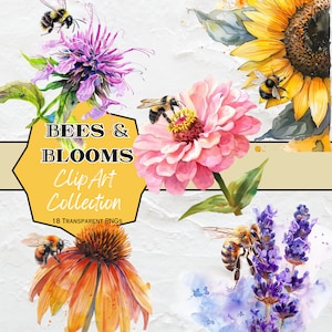 Schöne Blume blüht und fröhliche Bienen, Clipart, Bienen, Blumen, Aufkleber, Journal, Scrapbooks, 18 Bilder, 300 DPI, PNGs, Instant Download