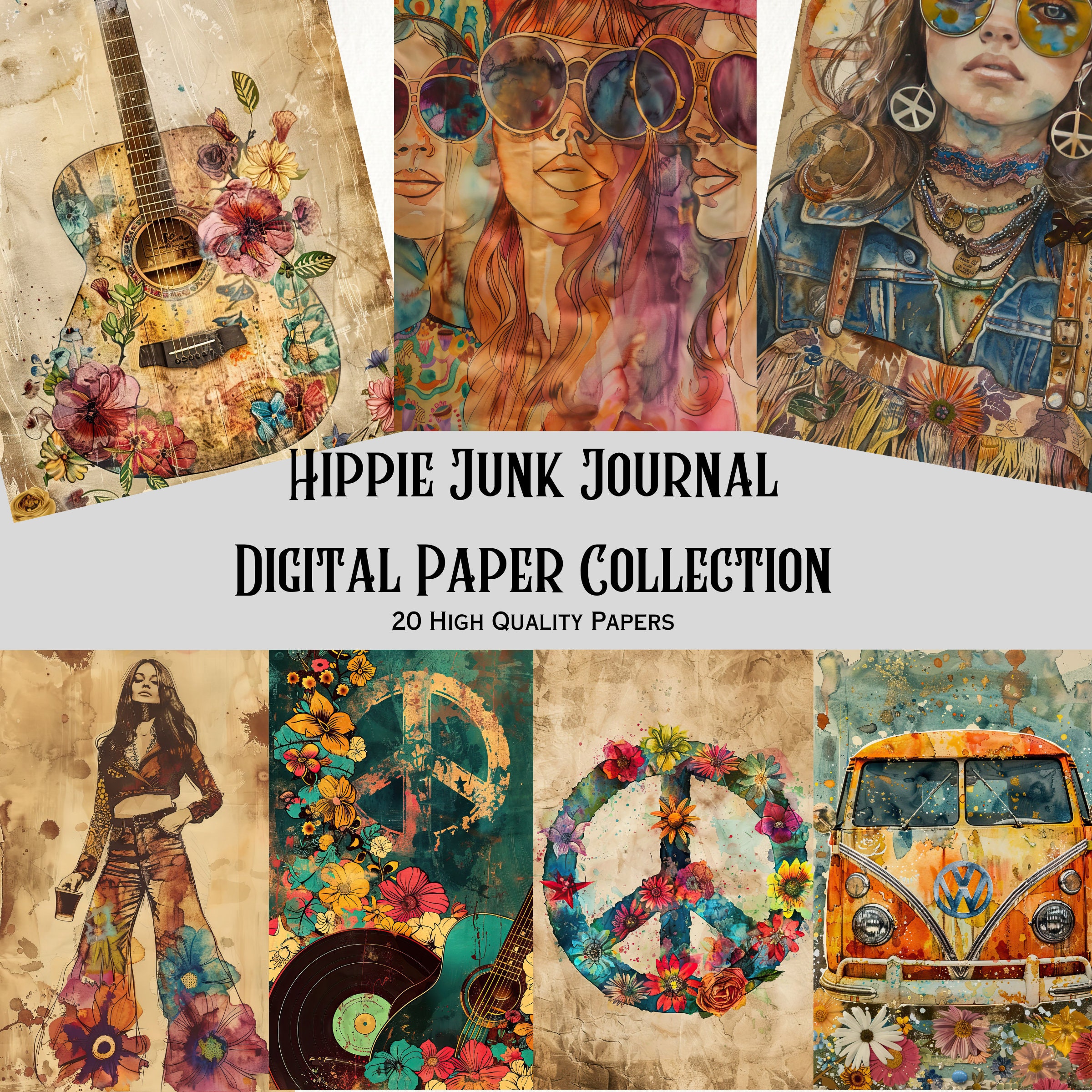 Hippie Junk Journal Pages. 20 Jpgs, 300 DPI, 8.5x11, Instant