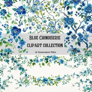 Blauwe bloemen clipart. Blauwe Chinoiserie, transparant, 16 elementen, 300 DPI, direct downloaden. Randen, kaders, kaarten, dagboeken, plakboek.
