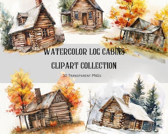 Blokhut clipart. 17 aquarelafbeeldingen, 300 DPI, PNG's, direct downloaden, transparante achtergronden. Tijdschriften, kaarten, stickers, ambachten.