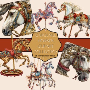 Clipart de cavalo carrossel. Cavalos de Carnaval, Vintage, Cavalos Ornamentados, 300 DPI, PNGs, Fundo Transparente, adesivos, cartões, diários, papéis.