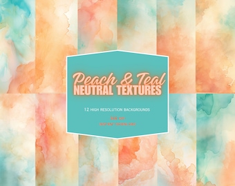 Peach and Teal Neutral Textures, backgrounds for digital creators for websites, cards, invitations, crafts, junk journals and scrapbooks.
