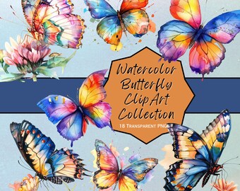 Mariposas acuarelas. Imágenes Prediseñadas de mariposa. 18 imágenes, 300 DPI, PNG, descarga instantánea. Pegatinas, diarios, álbumes de recortes, material efímero