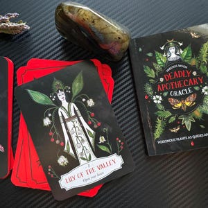 May include: A set of tarot cards with black backgrounds and colorful illustrations. The cards are titled "Fly Agaric" and "Lily of the Valley". The cards are part of a deck called "Deadly Apothecary Oracle: Poisonous Plants as Guides and Healers".