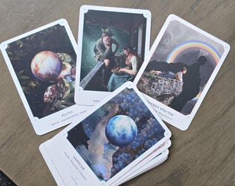May include: A collection of tarot cards featuring celestial and surreal imagery. The cards display illustrations of planets, figures, and landscapes. Text on the cards includes "Pluto," "Neptune," and "MOCKEN SPECTER," along with related keywords.