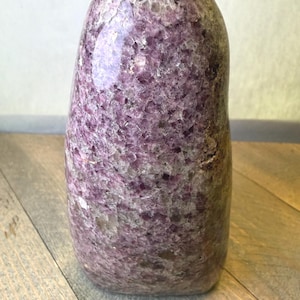 May include: A polished, upright lepidolite stone featuring a mottled texture with deep purple, lavender, and translucent white crystalline inclusions. The mineral has a rounded, organic shape with a smooth, reflective surface throughout its structure.