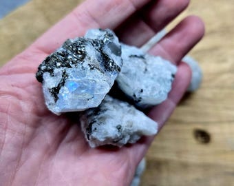 May include: A handful of raw moonstone crystals. The stones are a pale blue-white color with black flecks and iridescent flashes. The crystals are rough and natural, with a textured appearance.