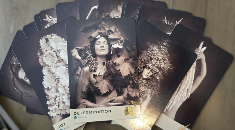 May include: A set of cards with images of women and nature. The cards are arranged in a fan shape, with the top card showing a woman lying on a bed of leaves with the word "DETERMINATION" printed on the card.