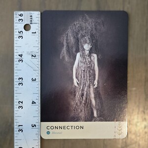 May include: A black and white photograph of a child wearing a long, woven dress made of natural materials. The child's face is obscured by the dress. The card has the word "CONNECTION" and the word "Horsetail" printed on it.