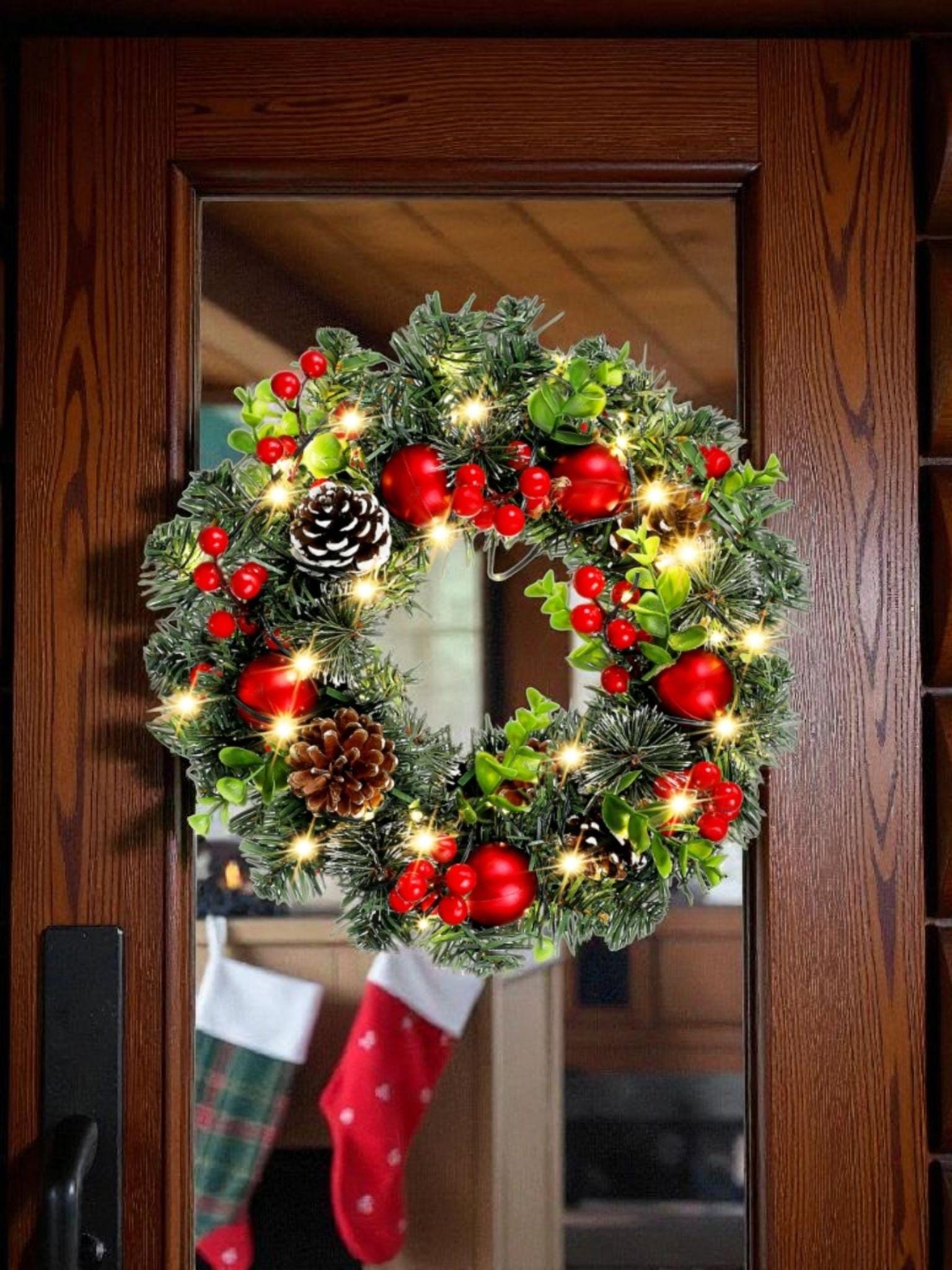 Christmas Wreath With Red Ornaments & Pine Cones | Holiday Door