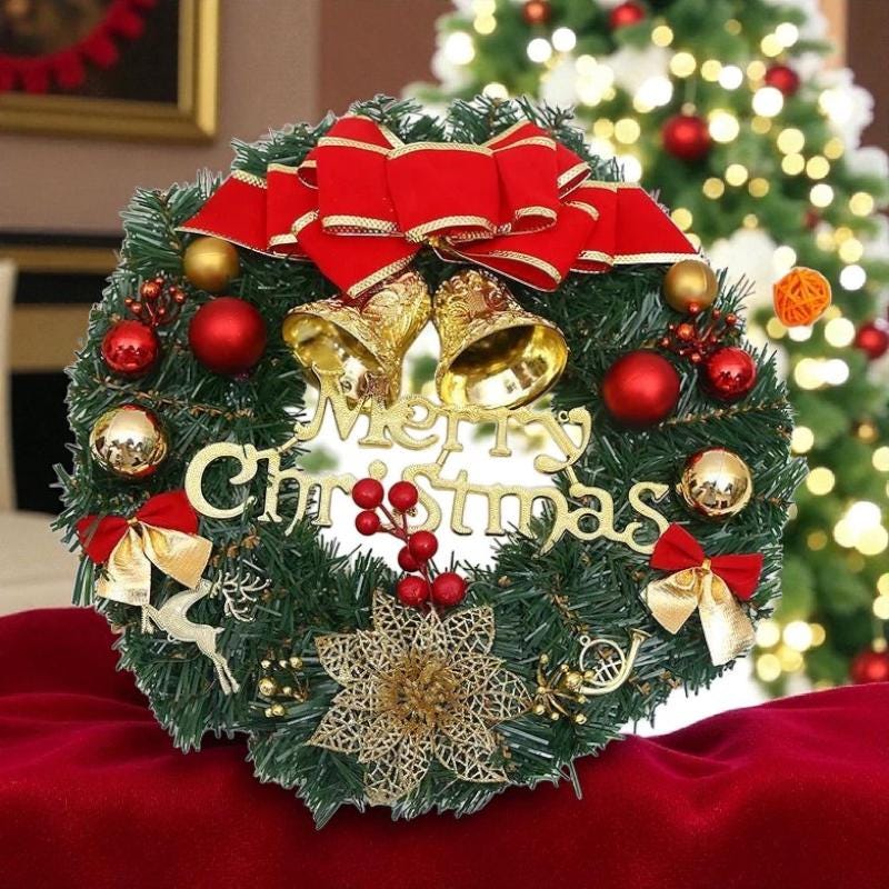 ✳︎ベル付き✳︎christmas wreathe④ 30cm Christmas Wreath With Red Ornaments & Pine Cones | Holiday