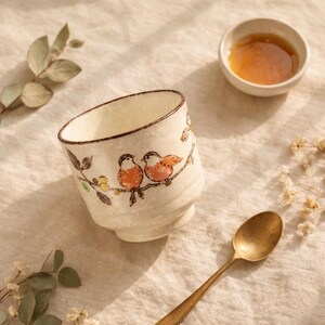Peut inclure: Une tasse à thé en céramique crème avec un bord marron, ornée d'un motif peint de deux oiseaux orange et noirs sur une branche. Un petit bol de liquide et une cuillère dorée sont également présents.