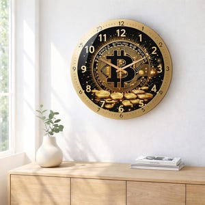 Könnte beinhalten: Eine runde Wanduhr mit goldfarbenem Rahmen und schwarzem Zifferblatt. Die Uhr zeigt ein goldenes Bitcoin-Symbol in der Mitte, umgeben von Goldmünzen. Die Zahlen sind goldfarben und die Zeiger der Uhr sind goldfarben.
