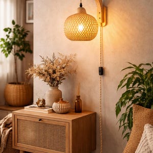 Rattan Wall Lamp | Bohemian Plug-In Sconce with Wooden Arm | Rustic Bedroom Lighting for Ambient Glow
