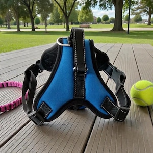 Peut inclure: Harnais pour chien bleu et noir avec des sangles réglables et une poignée. Une laisse rose et une balle de tennis jaune sont également visibles. Le harnais est conçu pour le confort et le contrôle lors des promenades.