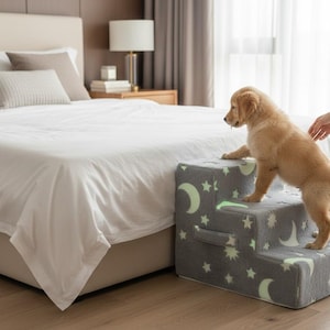 Op de afbeelding: Een grijze honden- of katten trap met een maan- en sterrenpatroon. Een golden retriever pup gebruikt de treden om op een bed te klimmen. De treden zijn gemaakt van zacht materiaal en hebben een handvat.