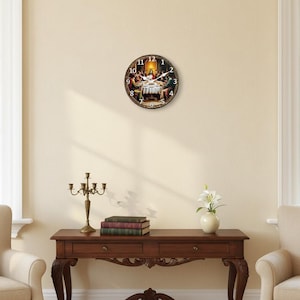 May include: Round wall clock depicting the Last Supper scene. The clock face has Roman numerals and a dark brown border. The image shows a table setting with figures in a warm scene. A decorative piece for any home.