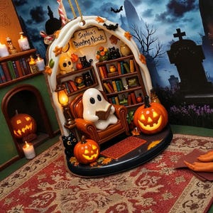 Peut inclure: Ornement sur le thème d'Halloween avec un fantôme lisant dans un fauteuil, une bibliothèque, des citrouilles et le texte "Sophia's Reading Nook". L'ornement a une boucle dorée et est posé sur une base décorative.