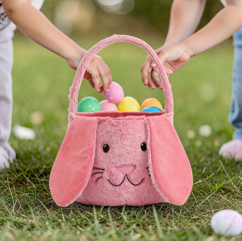 Plush Easter Bunny Basket for Kids, Cute Rabbit Egg Hunt Bucket, Soft ...