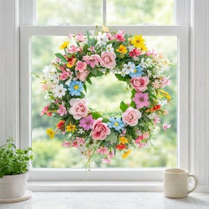 Vibrant Floral Spring Easter Wreath | Artificial Flower Decor Piece | Farmhouse Front Door Accent
