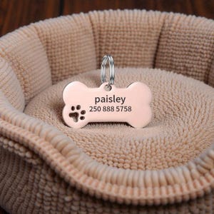 Peut inclure: Une médaille pour chien en forme d'os, de couleur or rose, avec le nom "paisley" et un numéro de téléphone. La médaille comporte une empreinte de patte et est attachée à un anneau argenté. Elle repose sur un coussin beige.