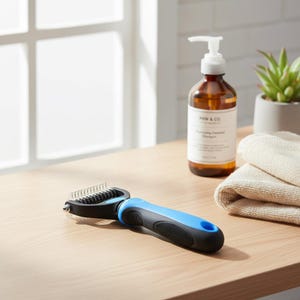 Peut inclure: Un outil de toilettage pour animaux de compagnie noir et bleu avec une tête en forme de peigne et une poignée bleue. Une bouteille de shampoing marron, une petite plante en pot et des serviettes pliées sont en arrière-plan. La bouteille de shampoing porte l'inscription "PAW & CO."