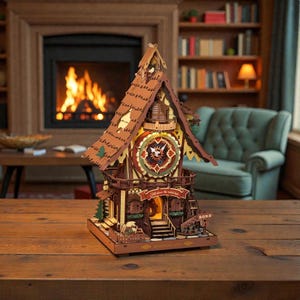 May include: A wooden cuckoo clock with a detailed design, featuring a clock face, a small banner that reads "Fall down the wild hole", and a decorative base. The clock is brown and tan, with a rustic aesthetic. The clock is on a wooden table.