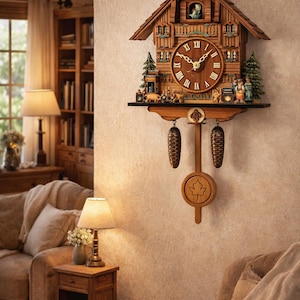 Könnte beinhalten: Eine Holzkuckucksuhr mit detailliertem, geschnitztem Design. Die Uhr hat römische Ziffern, dekorative Figuren und Tannenzapfen-Gewichte. Sie ist an einer Wand in einem gemütlichen Wohnzimmer befestigt.
