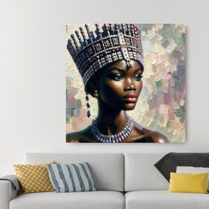 May include: A painting of a woman with dark skin wearing a beaded crown and a necklace. The background is a colorful abstract pattern.