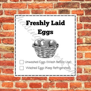 Puede incluir: Un cartel blanco con texto negro que dice "Freshly Laid Eggs". Debajo del texto hay una ilustraci&oacute;n en blanco y negro de una cesta de huevos. Hay dos casillas de verificaci&oacute;n debajo de la ilustraci&oacute;n. La primera casilla de verificaci&oacute;n est&aacute; etiquetada como "Unwashed Eggs (Wash Before Use)". La segunda casilla de verificaci&oacute;n est&aacute; etiquetada como "Washed Eggs (Keep Refrigerated)".