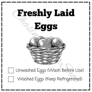 Puede incluir: Una ilustraci&oacute;n en blanco y negro de una cesta de huevos reci&eacute;n puestos. El texto "Unwashed Eggs (Wash Before Use)" y "Washed Eggs (Keep Refrigerated)" est&aacute; debajo de la cesta.