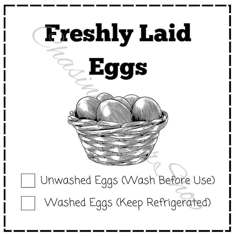 Puede incluir: Una ilustraci&oacute;n en blanco y negro de una cesta de huevos reci&eacute;n puestos. El texto "Unwashed Eggs (Wash Before Use)" y "Washed Eggs (Keep Refrigerated)" est&aacute; debajo de la cesta.