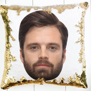 Sebastian Stan, Regalo de almohada de celebridades, Edición de Navidad, Regalo de actor, Regalo divertido, Regalo para ella/él, Regalo de almohada de lentejuelas, 15&quot; x 15&quot;