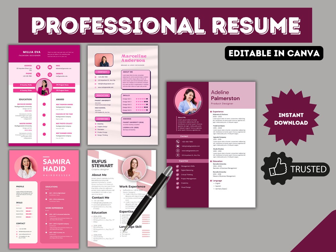 Resume Template, Professional Design, Pink Theme, Job Application ...
