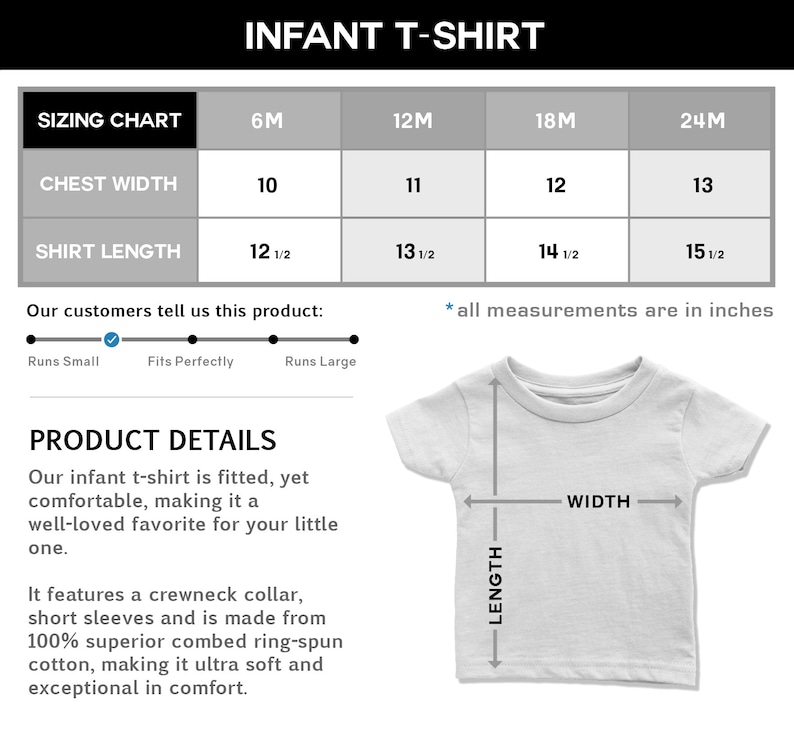 May include: Sizing chart for infant t-shirts with chest width and shirt length measurements in inches for sizes 6M, 12M, 18M, and 24M. A white t-shirt with measurements labeled "length" and "width" is shown.